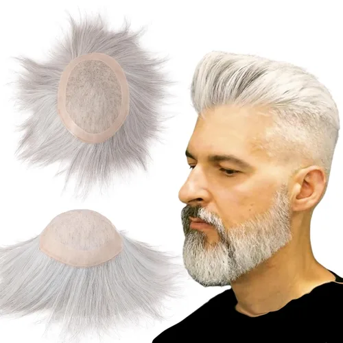 Miniatura 32 de Toupee - Sistema de reemplazo de cabello humano virgen europeo de 7 x 9 pulgadas para hombre, postizo de encaje mono con poliuretano duradero #2