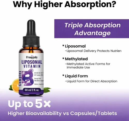 Miniatura 4 de Complejo de vitamina B liposomal líquido sublingual complejo B suplemento de vitaminas para mujeres y hombres mejora la absorción metilada B12, B1