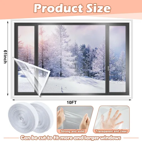 Miniatura 2 de Beeveer Kit de Aislamiento de Ventanas de 63 Pulgadas x 10 Pies Película Transparente Cortable con Correas Adhesivas Plástico Reutilizable