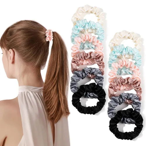 Miniatura 19 de Ivyu, ligas de cabello de seda satinada negras pequeñas mini scrunchy para mujeres, accesorios para cabello grueso, lindos, suaves, sin
