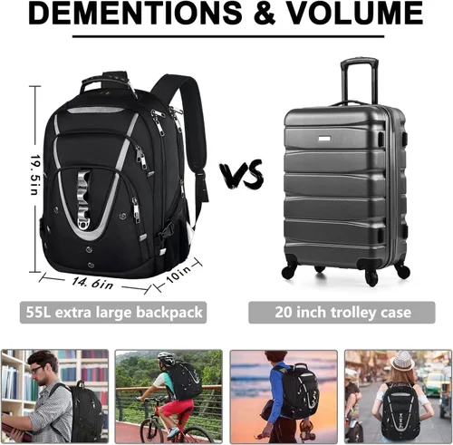 Miniatura 5 de Mochila para portátil de 18.4" para hombres, mochila extra grande de 55L-60L para laptops de juegos con puerto de cargador USB, aprobada para vuelos