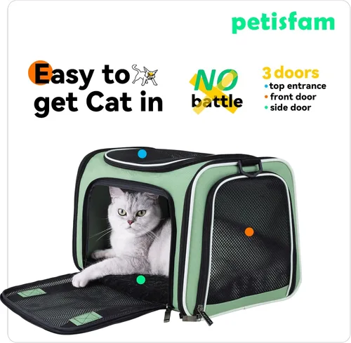 Miniatura 2 de Transportador suave para gatos medianos y perros pequeños con cama acogedora, 3 puertas, entrada superior, aprobado por aerolíneas, a prueba de Menta