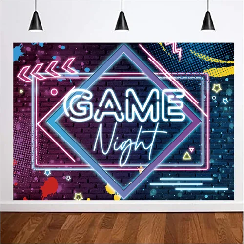 Miniatura 2 de Fondo de fotografía de lámpara de neón para noche de juegos, decoración de mesa de pastel, decoración de mesa, telón de fondo para fotos, 5 x 3 pies