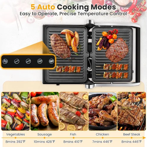 Miniatura 5 de COSTWAY Parrilla eléctrica de prensa Panini, sandwichera gourmet de 1200 W con platos antiadherentes de doble cara y bandeja de goteo extraíble