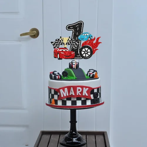 Miniatura 4 de Ephlyn 1 pieza de decoración para tarta de primer cumpleaños de coche de carreras con purpurina, decoración de tarta 1er cumpleaños para bandera a