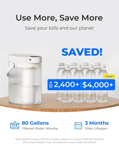 Miniatura 6 de Waterdrop ED11W - Dispensador de filtro de agua recargable con 2 filtros, jarra eléctrica instantánea potente de 5 etapas de larga duración, reduce