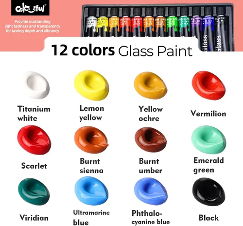 Miniatura 7 de Juego de Pintura Acrílica para Vidrio Colorida con 6 Pinceles, 1 Paleta, 12 Colores de Pinturas para Vidrio Manchado para Vino, Juego de Pintura
