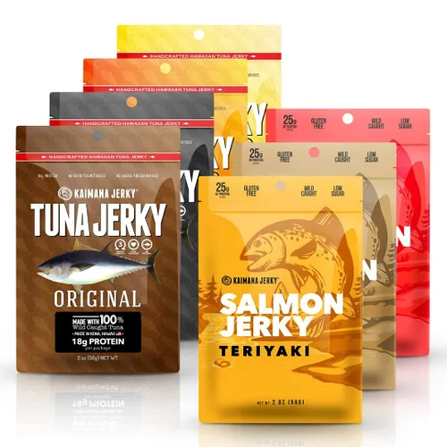 Kaimana Jerky Ahi - Paquete de muestra de atún y salmón - Cecina de pescado totalmente natural y capturada en la naturaleza. Fabricado en Estados