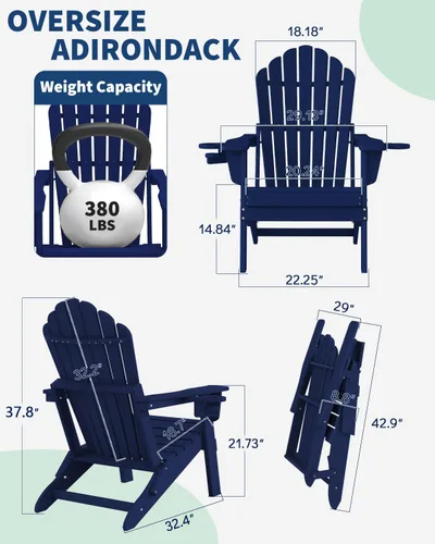 Miniatura 2 de Plawdlik Silla Adirondack plegable de gran tamaño, silla de patio HDPE para todo tipo de clima con 2 soportes para tazas, asiento ancho de respaldo