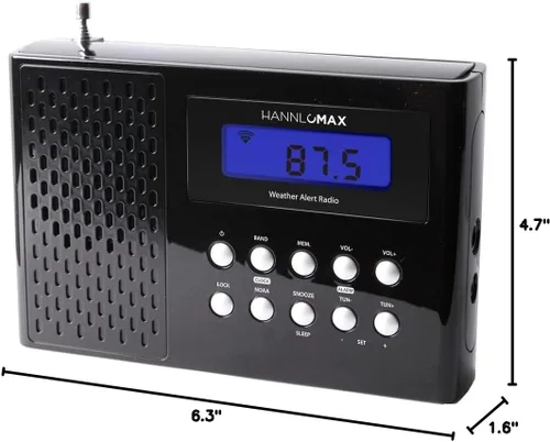 Miniatura 2 de HANNLOMAX HX-512R Radio portátil de alerta AM/FM/clima, reloj despertador, pantalla LCD, conector para auriculares, fuente de alimentación dual Negro