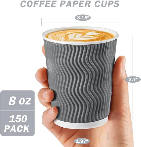 Miniatura 2 de Tazas de café Clawsoff 8 onzas 150 unidades, Tazas de papel desechables onduladas con pared corrugada y aisladas para café 8 OZ, Para llevar