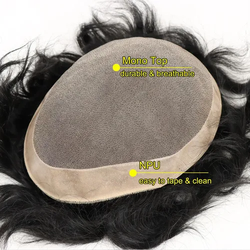 Miniatura 2 de HAPPY&CC Toupee - Piezas de cabello para hombre, sistema europeo de reemplazo de cabello humano de 10 x 8, base mono soldada fina con NPU alrededor