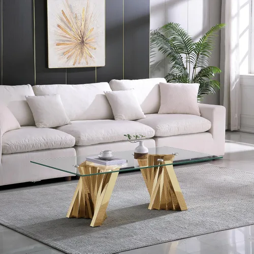 Miniatura 18 de Mesa de centro de vidrio templado de 31.5 pulgadas, moderna mesa de té dorada de 2 niveles con estante inferior, mesas centrales de lujo con marco