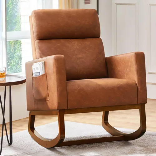 Yaheetech - Silla deslizante de cuero, silla mecedora moderna, silla mecedora de cuero sintético para cuarto de bebé con patas de madera de goma y