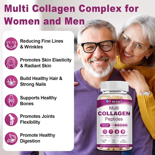 Miniatura 4 de Cápsulas Blandas de Péptidos de Colágeno Múltiple para Mujeres y Hombres - Tipo I, II, III, V, X - Péptidos de Colágeno Hidrolizados con Biotina