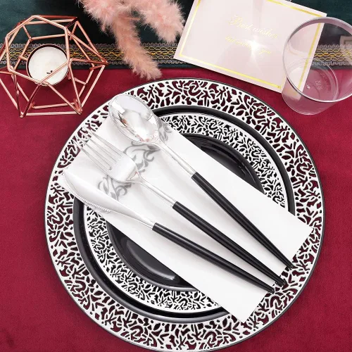 Miniatura 7 de LIYH 350 platos de plástico negro y plateado, juego de vajilla de plástico plateado, cubiertos desechables, platos negros con servilletas, 350