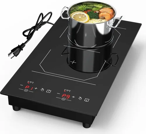 ANHANE Placa de inducción de 2 quemadores, estufa eléctrica portátil de 12 pulgadas, 110 V integrada, placa de cocina doble de 2300 W con 9 ajustes
