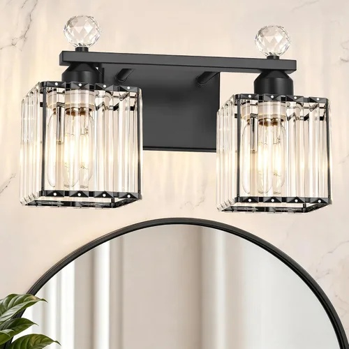 Miniatura 31 de Lxybcce Moderna lámpara de tocador de baño de cristal, 14 pulgadas, 2 luces, accesorios de luz negra sobre el espejo, fácil instalación e