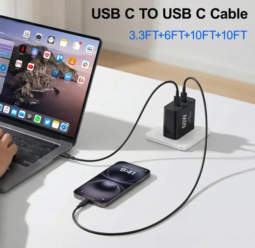 Miniatura 4 de Cargador para iPhone 17, 45 W de carga rápida USB C de doble puerto con cable de carga tipo C de 3/6/10/10 pies, adaptador rápido PD 3.0 para iPhone