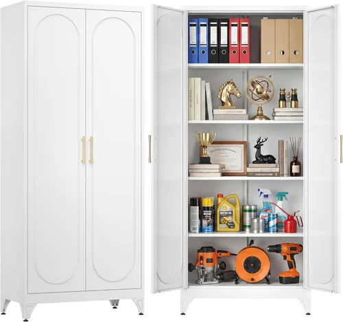 Armario de almacenamiento de metal de 75 pulgadas de alto con 2 puertas y 4 estantes ajustables, 32 pulgadas de ancho x 16 pulgadas de profundidad,