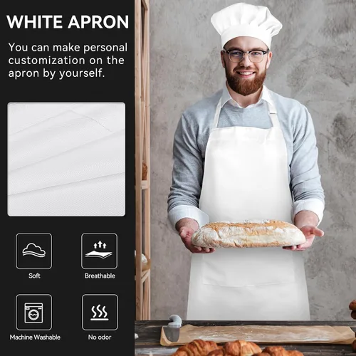 Miniatura 3 de NLUS Sombrero de chef blanco y delantal, juego de disfraz de chef ajustable, delantal de cocina para hornear con 2 bolsillos para hombres y mujeres