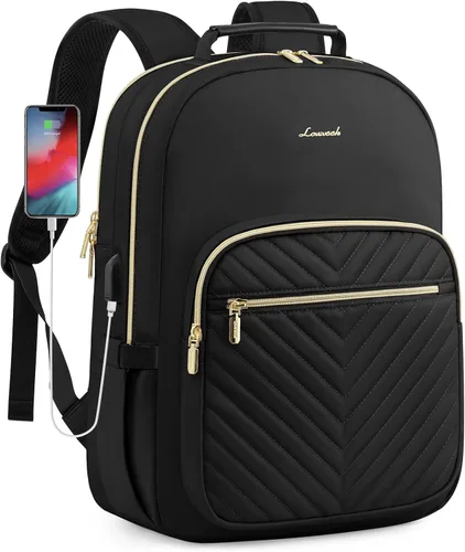 Miniatura 18 de LOVEVOOK Mochila para laptop para mujer, elegante mochila acolchada para viajes de negocios, trabajo, bolsa para computadora, con puerto USB