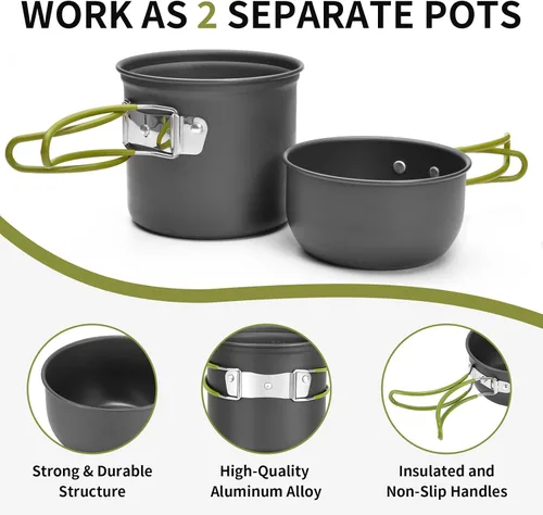 Miniatura 3 de aiGear Juego de 8 utensilios de cocina para acampar, juego de ollas y sartenes con mini estufa de mochilero, taza de acero inoxidable, soporte