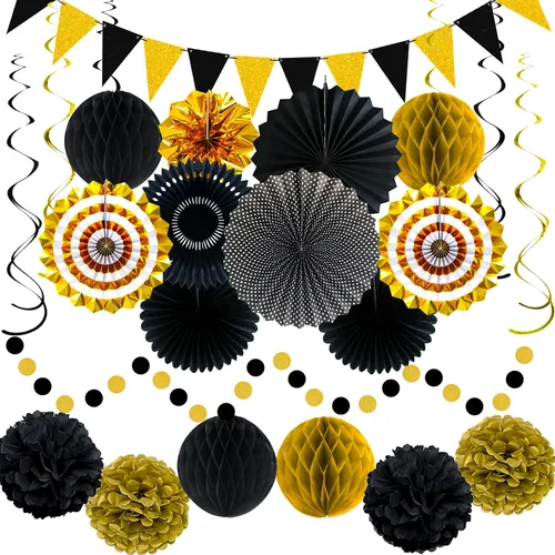 24 decoraciones de fiesta negras y doradas, abanicos de papel, guirnaldas de pompones de panal, suministros colgantes reutilizables para graduación,