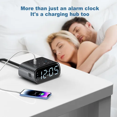 Miniatura 2 de Sussex Reloj despertador con 2 USB-C, 2 cargadores USB-A, 2 tomas de corriente, 2 tomacorrientes, pantalla LED, reloj digital regulable con función