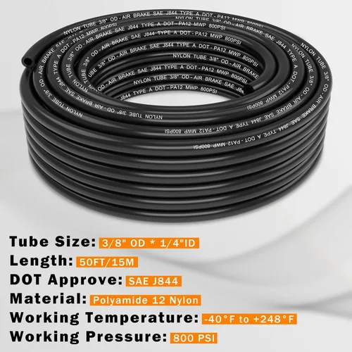Miniatura 2 de CheeMuii 50 pies 3/8 Tubo Neumático 3/8" PA12 Nylon DOT Línea de Aire SAE J844 Manguera de Aire DOT 15.3 Metros 3/8 Pulgadas OD Tubo de Aire Negro