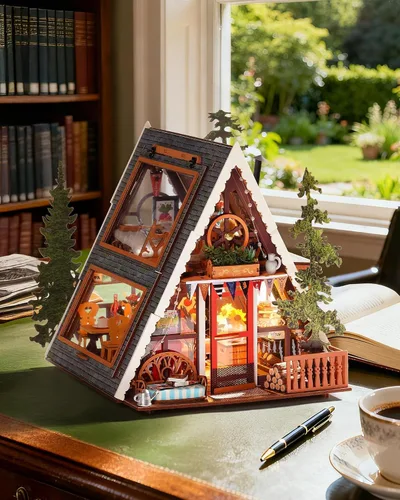 Miniatura 8 de Rolife Kit de casa en miniatura para bricolaje, cabina con marco en A, rompecabezas de madera 3D con tragaluz que se abre para adolescentes
