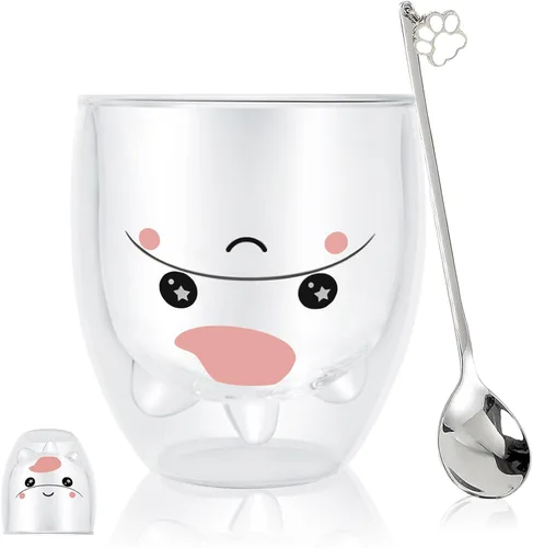 Miniatura 15 de Binoster Tazas Lindas de Oso Kawaii de Vidrio de Doble Pared para Café y Té, Taza de Yogur Divertida, Regalo Novedoso para Mujeres, Sus Amigas