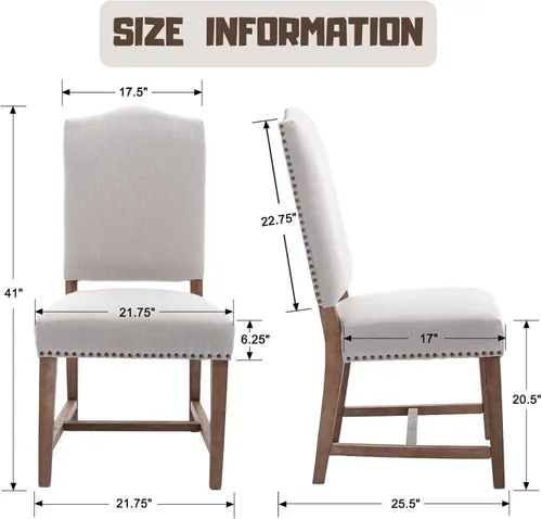 Miniatura 2 de ROCITY Juego de 2 sillas de comedor de lino tapizadas color beige, sillas laterales de cocina con patas de madera y ribete de cabeza de clavo