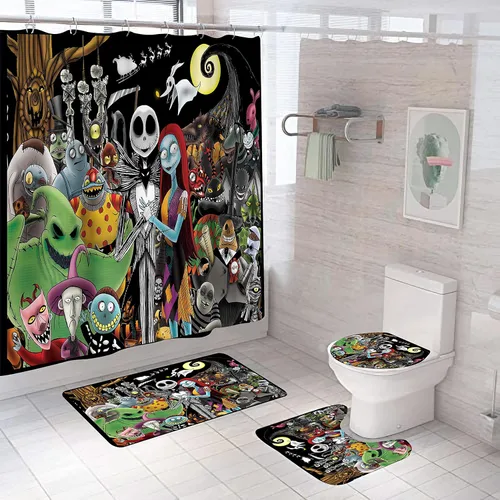 Miniatura 21 de Juego de 4 cortinas de ducha de Navidad para niños, decoración de Halloween con 12 ganchos de cortina para baño, impermeable, 71 x 71 pulgadas (D13)