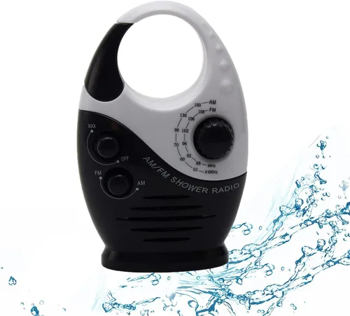 Radio de ducha, radio de baño AM FM, radio de ducha colgante impermeable, volumen ajustable, color negro