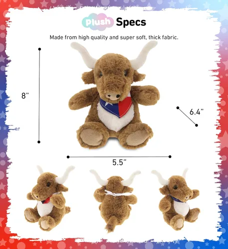 Miniatura 3 de DolliBu Texas Longhorn - Lindo animal de peluche de animales de granja con bandana de bandera de Texas, juguete de vaquero de Texas de cuerno largo