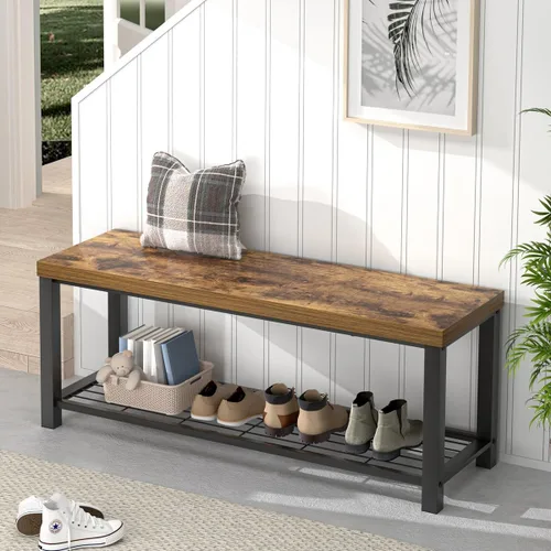 Miniatura 14 de EXCEFUR Banco de entrada industrial, banco rústico de almacenamiento de botas para interiores con asiento para sala de estar, gris
