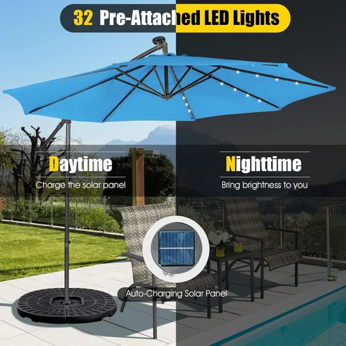 Miniatura 5 de Tangkula Paraguas voladizo de 10 pies con 32 luces LED de energía solar, sistema de inclinación funcional y mecanismo de manivela, paraguas de patio
