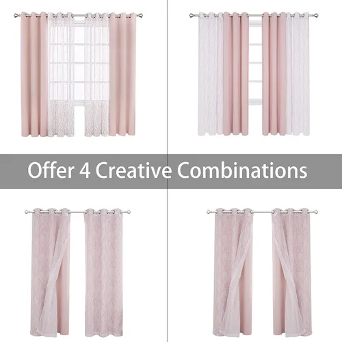 Miniatura 4 de BONZER Cortinas para Mezclar y Combinar - 2 Piezas de Cortinas Transparentes con Estampado de Ramas y 2 Piezas de Cortinas Opacas para Dormitorio