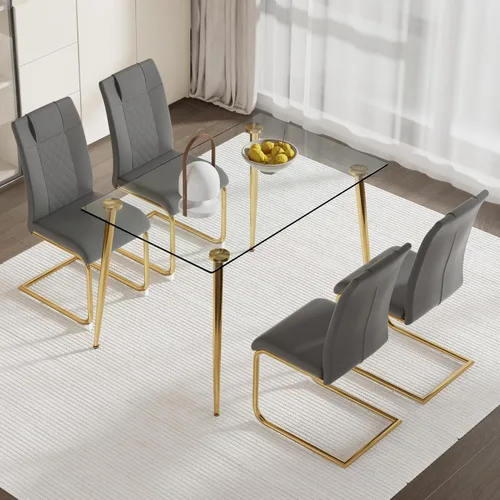 Miniatura 10 de Juego de mesa de comedor en blanco y negro de 51 pulgadas para 4, mesa de cristal minimalista moderna y 4 sillas tapizadas de piel sintética