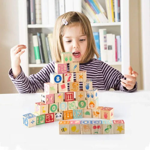 Miniatura 2 de Bloques de construcción de juguete ABC de madera para niños pequeños de 1 a 3 años, 36 bloques de números del alfabeto de madera para apilar