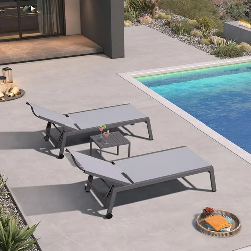 Miniatura 9 de PURPLE LEAF Juego de tumbonas para exteriores para 2 sillas de piscina de gran tamaño con ruedas fáciles de mover y respaldo ajustable, tumbonas