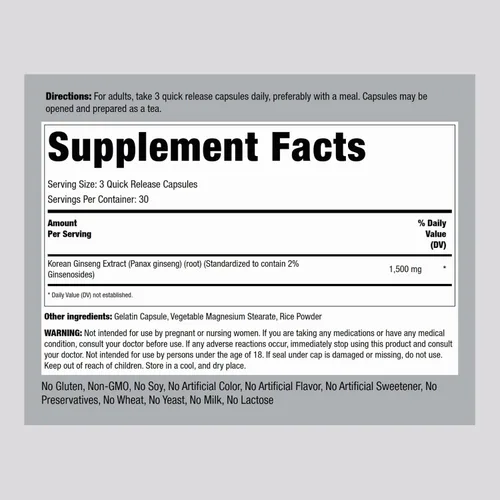 Miniatura 2 de Piping Rock Suplemento coreano de ginseng Panax 1500 mg 90 cápsulas Fórmula sin OMG y sin gluten