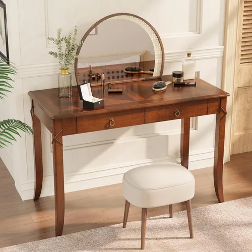 Miniatura 10 de Escritorio de madera maciza para computadora con 2 cajones de almacenamiento, mesa de tocador tradicional, escritorio pequeño de oficina en casa