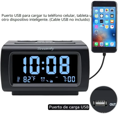 Miniatura 2 de DreamSky - Relojes despertadores de radio para dormitorios con respaldo de batería, números grandes y brillantes con regulador de intensidad, puerto