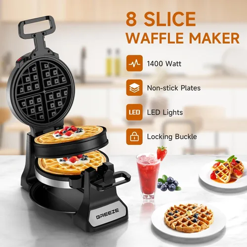 Miniatura 2 de Waflera, Waflera Belga Doble con Giro de 180°, Plancha para Wafles de 1400W para 8 Rebanadas, Placas Giratorias y Antiadherentes con Bandeja