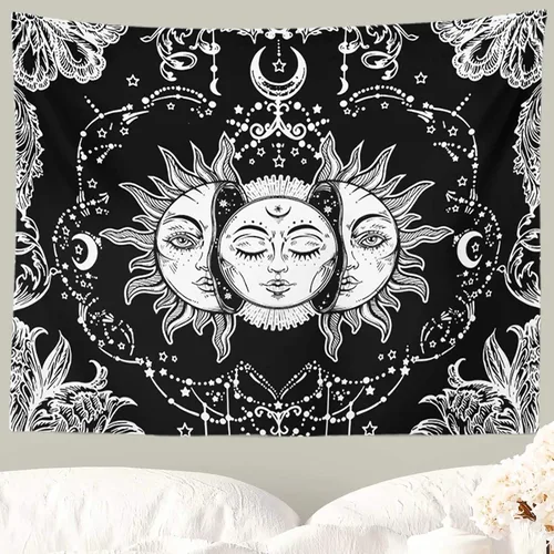 Miniatura 9 de Ftuency Tapiz de sol y luna, tapices en blanco y negro, sol ardiente místico con estrella, decoración para colgar en la pared para dormitorio