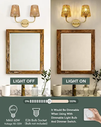Miniatura 5 de VL837-BG-RA-2 - Lámparas de baño de 2 luces, luces de ratán dorado cepillado, aplique de doble pared con pantalla tejida a mano acampanada, apliques