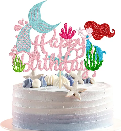Miniatura 13 de Gyufise 1 pieza de decoración de pastel de sirena de feliz cumpleaños con purpurina de animales del océano, conchas marinas, cola de sirena