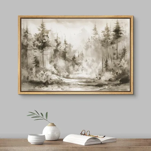 Miniatura 2 de SIGNFORD Lienzo enmarcado para pared, pinos sepia, bosques, bosques, naturaleza, ilustraciones de área silvestre, arte digital, arte moderno